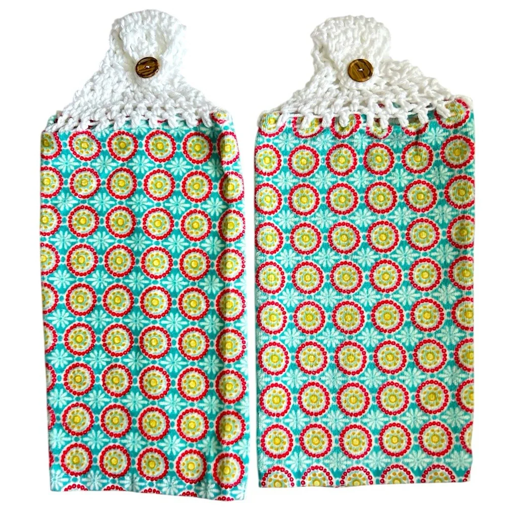 HAND CRAFTED Colorful Crochet Top Floral Hanging Kitchen or Bathroom Hand Towels